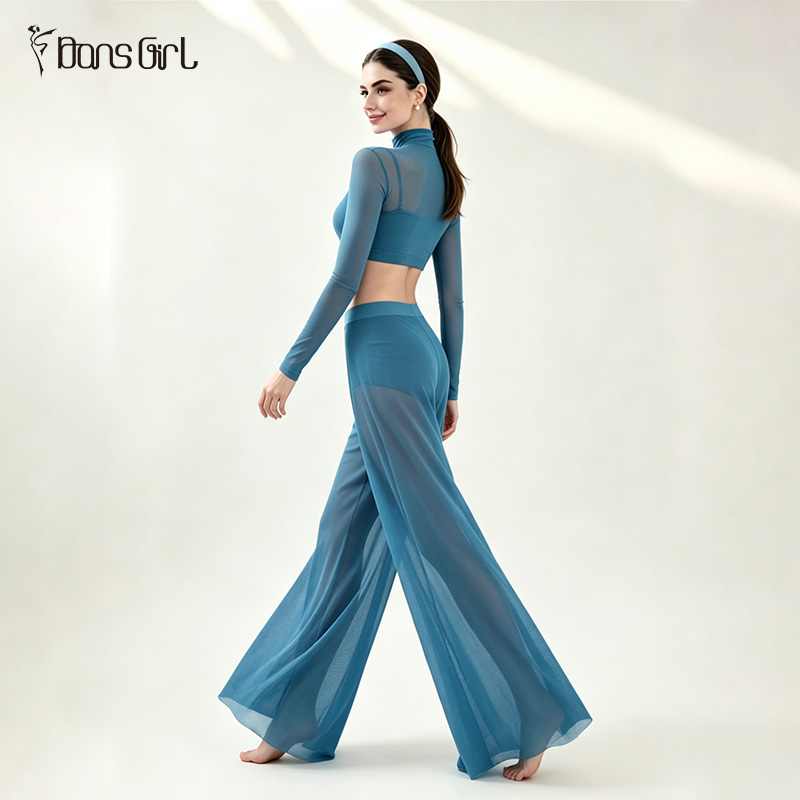Premium Mesh Dance Set/Long Sleeve Crop Top & Flowy Wide Leg Pants
