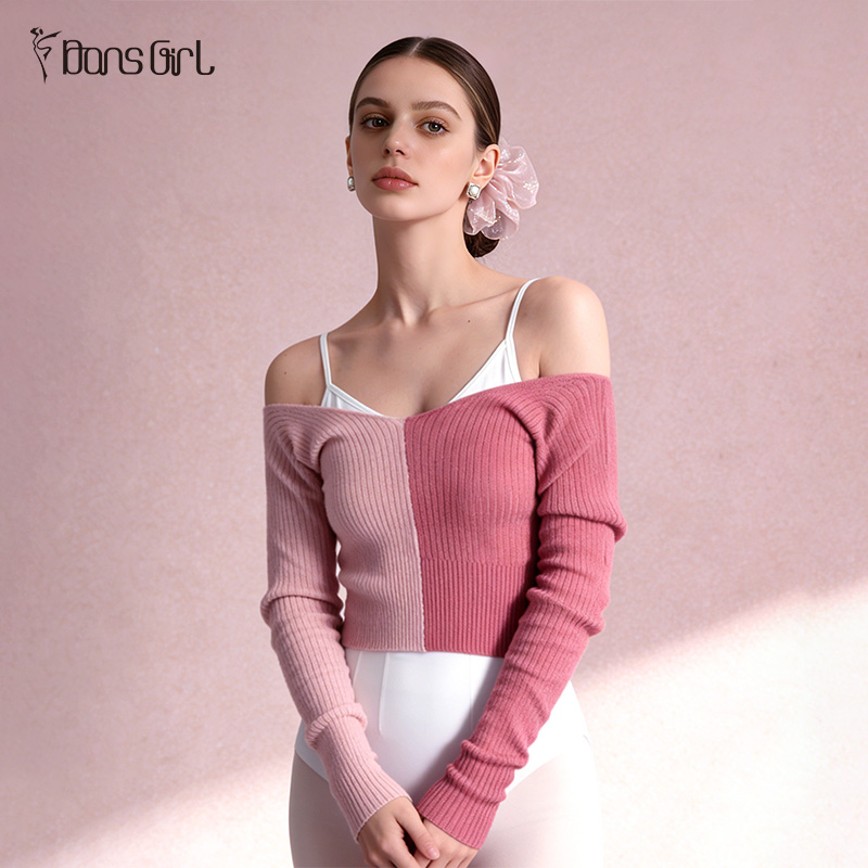 Two-Tone Off-Shoulder Dance Warm-Up Knit Top