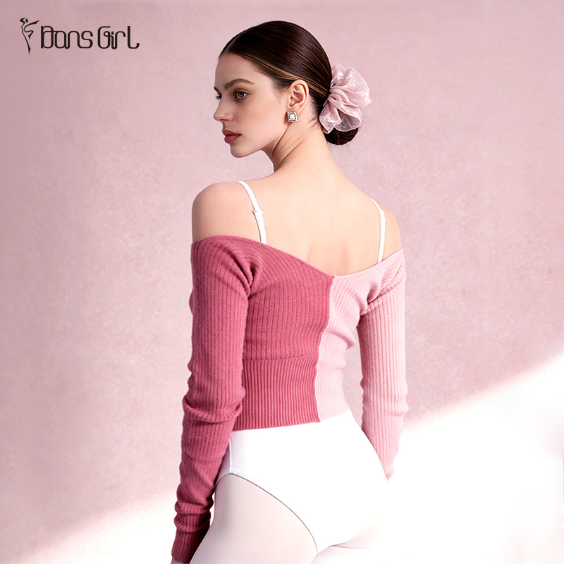 Two-Tone Off-Shoulder Dance Warm-Up Knit Top